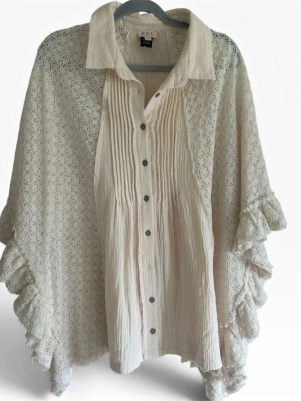 POL Clothing Cream Lace Button Up Poncho Top Pleated Ruffle Boho Shacket Large